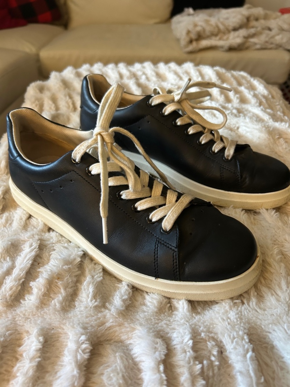 Tory Burch Black Leather Low-Top Sneakers with Cream Accents, Size 8, EUC